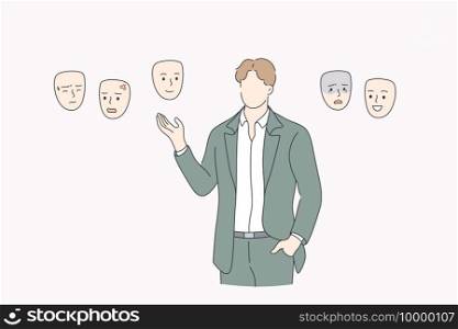 Choosing mood, self identity concept. Businessman without face standing and choosing right mask to wear trying to feel his identity and state of mind vector illustration. Choosing mood, self identity concept