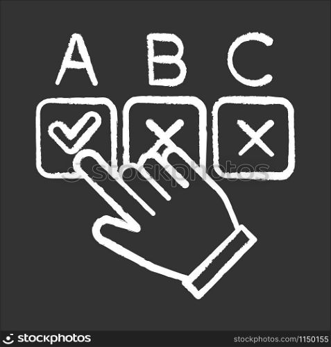 Choosing option chalk icon. Hand picking checkbox. Selecting answer. Making decision. Online survey. Anonymous feedback. Click button. Voting, questionnaire. Isolated vector chalkboard illustration