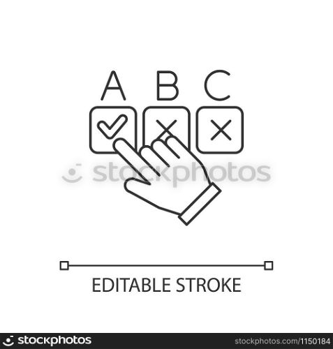 Choosing option linear icon. Hand picking checkbox. Selecting answer. Online survey. Click button. Voting. Thin line illustration. Contour symbol. Vector isolated outline drawing. Editable stroke