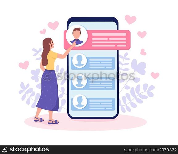 Choosing perfect partner for dating flat concept vector illustration. Woman scrolling through profiles isolated 2D cartoon character on white for web design. Online dating application creative idea. Choosing perfect partner for dating flat concept vector illustration
