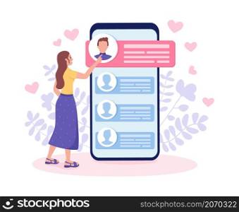 Choosing perfect partner for dating flat concept vector illustration. Woman scrolling through profiles isolated 2D cartoon character on white for web design. Online dating application creative idea. Choosing perfect partner for dating flat concept vector illustration