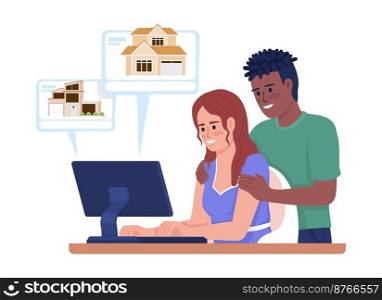 Choosing real estate online 2D vector isolated illustration. Buying property. Young couple select house flat characters on cartoon background. Colorful editable scene for mobile, website, presentation. Choosing real estate online 2D vector isolated illustration