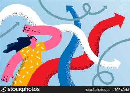 Choosing right direction and strategy concept. Young smiling woman cartoon character standing looking at colorful arrows going to various directions trying to choose one vector illustration . Choosing right direction and strategy concept.