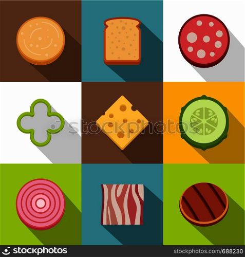 Chopped food icons set. Flat set of 9 chopped food vector icons for web with long shadow. Chopped food icons set, flat style
