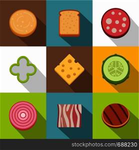 Chopped food icons set. Flat set of 9 chopped food vector icons for web with long shadow. Chopped food icons set, flat style
