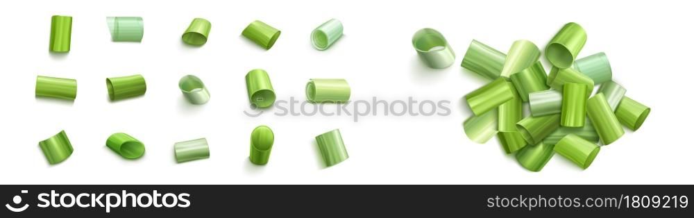 Chopped green chive or onion leaves isolated on white background. Vector realistic set of 3d cut pieces and pile of fresh verdure of garlic or scallion. Organic ingredients for salad. Chopped green chive or onion leaves