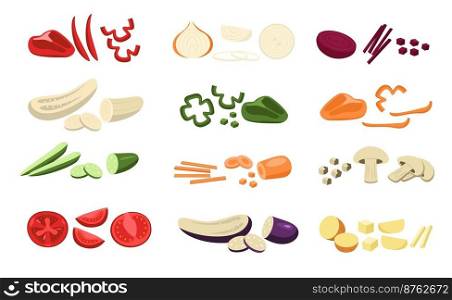 Chopped vegetables. Sliced organic natural agriculture products, cartoon flat raw vegetarian food components healthy snack. Vector colorful set. Fresh products as eggplant, carrot, cucumber. Chopped vegetables. Sliced organic natural agriculture products, cartoon flat raw vegetarian food components healthy snack. Vector colorful set