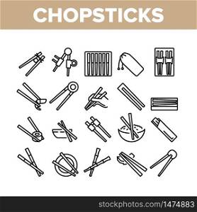 Chopstick Utensil Collection Icons Set Vector. Chopstick Bamboo Wooden Kitchenware For Eating In Oriental Restaurant Sushi And Rice Concept Linear Pictograms. Monochrome Contour Illustrations. Chopstick Utensil Collection Icons Set Vector