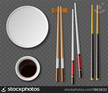 Chopsticks plates. Realistic table setting top view, Traditional japanese or chinese cuisine, wooden cutlery, plate and cutlery for sushi, soy sauce in white sauce pan, oriental dinnerware vector set. Chopsticks plates. Realistic table setting top view, Traditional japanese or chinese cuisine, wooden cutlery, plate and cutlery for sushi, soy sauce in white sauce pan, vector set