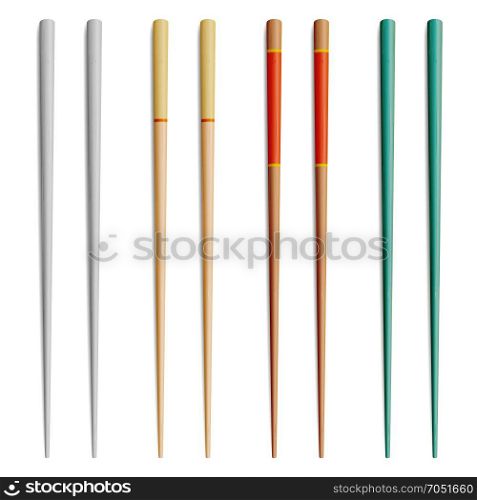 Chopsticks Vector. For Exotic Nutrition, Sushi Restaurant, Sea Food Design. Asian Food Chopsticks Isolated Illustration. Chopsticks Vector Set. Realistic Wooden Set Of Classic Japanese, Chinese, Asian Food Chopsticks Isolated Illustration