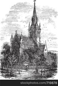 Christ Church Cathedral in Fredericton, New Brunswick, Canada, during the 1890s, vintage engraving. Old engraved illustration of Christ Church Cathedral.