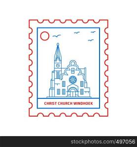 CHRIST CHURCH WINDHOEK postage stamp Blue and red Line Style, vector illustration