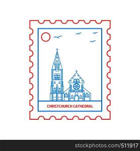 CHRISTCHURCH CATHEDRAL postage stamp Blue and red Line Style, vector illustration