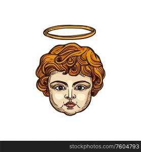 Christian angel child head with glory halo, religious icon. Vector Christianity Orthodox and Catholic religion symbol of angelic cherubim. Christianity religion icon, cherub angel