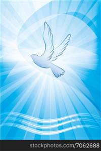 Christian baptism symbol with dove and waves of water. Religious sign