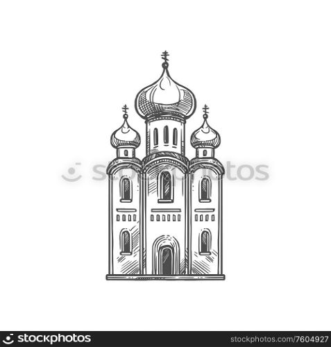 Christian cathedral, Orthodox religion symbol. Vector Christianity religious icon of church with crucifixion cross on domes. Christian religion icon, Orthodox cathedral church