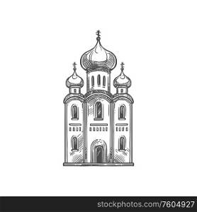 Christian cathedral, Orthodox religion symbol. Vector Christianity religious icon of church with crucifixion cross on domes. Christian religion icon, Orthodox cathedral church