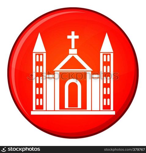 Christian catholic church building icon in red circle isolated on white background vector illustration. Christian catholic church building icon