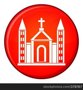 Christian catholic church building icon in red circle isolated on white background vector illustration. Christian catholic church building icon