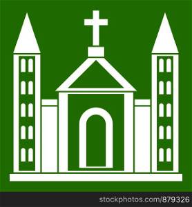 Christian catholic church building icon white isolated on green background. Vector illustration. Christian catholic church building icon green