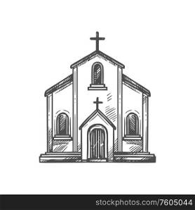Christian church icon, Orthodox and Catholic religious symbol. Vector Christianity religion icon of parish church or chapel with crucifixion cross. Chapel or parish church, Christianity religion