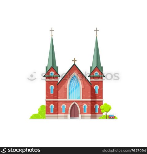 Christian church isolated catholic chapel of red brick. Vector holly place to hold funeral and wedding ceremonies, exterior with trees and vehicle. Cathedral or monastery evangelica or orthodox facade. Monastery Christian religion building isolated