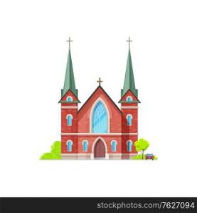 Christian church isolated catholic chapel of red brick. Vector holly place to hold funeral and wedding ceremonies, exterior with trees and vehicle. Cathedral or monastery evangelica or orthodox facade. Monastery Christian religion building isolated