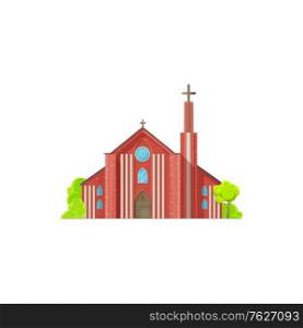 Christian church isolated chapel exterior with trees. Vector cathedral or monastery facade, catholic or evangelical religion architecture. Christian orthodox on medieval cathedral, red brick building. Monastery Christian religion building isolated