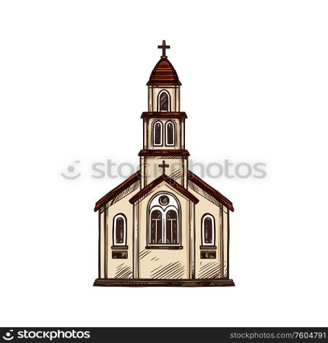 Christian church o chapel with crucifixion cross. Vector Orthodox, Baptist and Catholic Christianity religion architecture icon. Christian Orthodox chapel, Catholic church