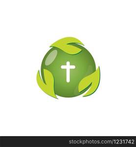 Christian church vector logo. Blue crucifix, flying dove, green leaves. Religious educational sign, symbol of growing.