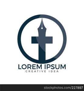 Christian church vector logo design. Crucifixion and pen nib icon. Religious educational symbol. Bible learning and teaching class.