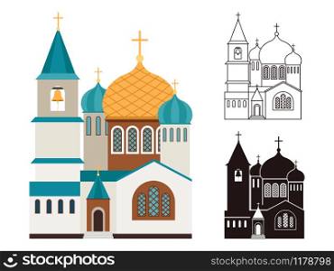Christian churches vector set. Line, silhouette and flat style church isolated on white. Christian churches flat and linear icons set