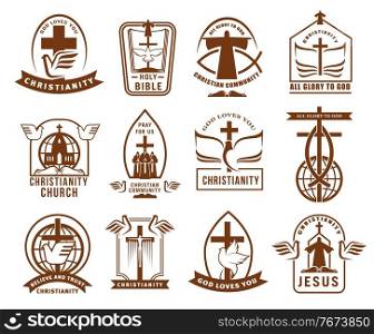 Christian community, church or mission icons set. Christianity religion emblems and sings with bible, white dove and cross, Jesus Christ silhouette, crucifix and globe, monks and ichthys symbol vector. Christian community, church or mission icons set
