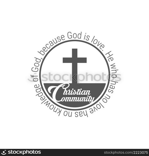 Christian community circle emblem. Local church sign. Cross and Bible"e. Flat vector illustration isolated on white background.. Christian community circle emblem. Flat vector illustration isolated on white