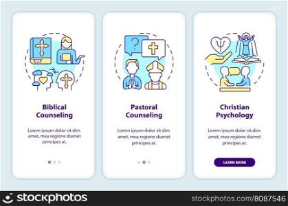 Christian counseling onboarding mobile app screen. Support walkthrough 3 steps editable graphic instructions with linear concepts. UI, UX, GUI template. Myriad Pro-Bold, Regular fonts used. Christian counseling onboarding mobile app screen