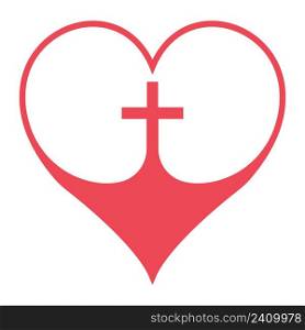 Christian cross in the heart symbol of faith in God, vector red heart with crucifix cross sign of the Christian Community