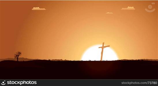 Christian Cross Inside Desert Landscape. Illustration of a Christian cross silhouette with rising sun behind in a beautiful desert landscape