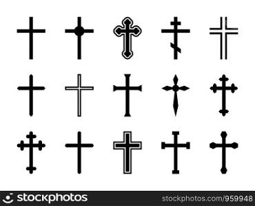 Christian cross. Jesus Christ crucifix, different shapes of orthodox and catalytic crosses religious silhouette signs vector decorative art god design isolated set. Christian cross. Jesus Christ crucifix, different shapes of orthodox and catalytic crosses religious silhouette signs vector set
