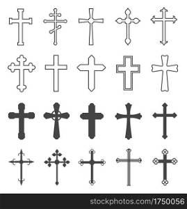 Christian cross set. Catholic and orthodox crucifix crosses. Divine religion, faith pray and church outline vector symbols. Christianity and catholicism symbol, orthodox crucifix jesus illustration. Christian cross set. Catholic and orthodox crucifix crosses. Divine religion, faith pray and church outline vector symbols