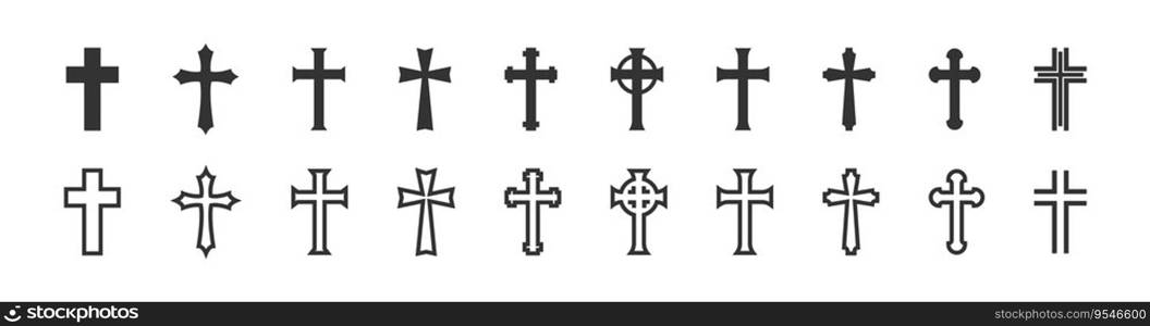 Christian cross set icon. Religion crucifix black and line icons collection.  Vector Isolated illustration