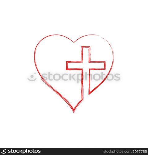 Christian cross sign in the heart inside. Continuous line drawing. Flat isolated Christian vector illustration, biblical background.. Christian cross in the heart inside. Flat isolated Christian illustration