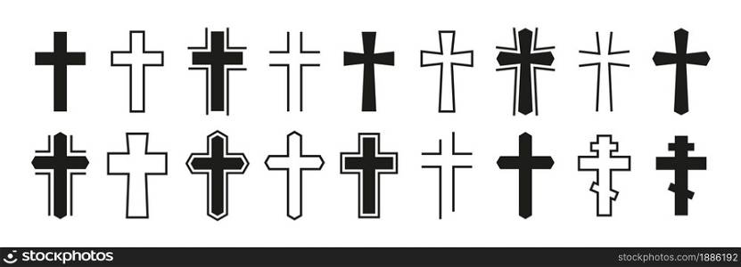Christian cross vector icon set. Art various black christian cross. Religion symbols isolated on white background. Vector illustration.. Christian cross vector icon set. Art various black christian cross.