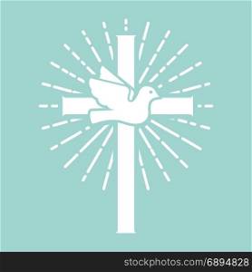 Christian cross with dove. Religious sign. Design element for church logo, emblem, sign. Vector illustration