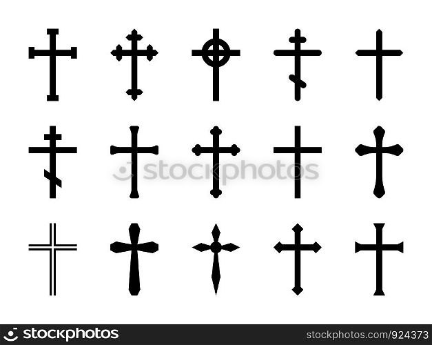 Christian crosses. Catholic, orthodox and celtic cross crucifix. Faith and prayer religious, christ church sign vector isolated decorative crossed outline resurrection icon set. Christian crosses. Catholic, orthodox and celtic cross crucifix. Faith and prayer religious, church sign vector isolated set