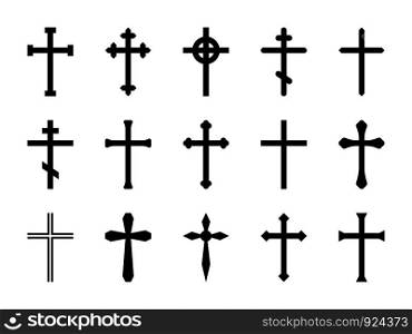 Christian crosses. Catholic, orthodox and celtic cross crucifix. Faith and prayer religious, christ church sign vector isolated decorative crossed outline resurrection icon set. Christian crosses. Catholic, orthodox and celtic cross crucifix. Faith and prayer religious, church sign vector isolated set