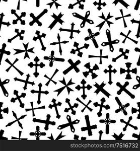 Christian crucifixes background for religion or church theme design with seamless pattern of black crosses randomly scattered on white background. Black and white crucifix crosses pattern