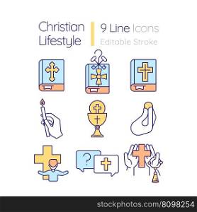 Christian culture RGB color icons set. Church services for worshipers. Religion rituals and statement. Isolated vector illustrations. Simple filled line drawings collection. Editable stroke. Christian culture RGB color icons set
