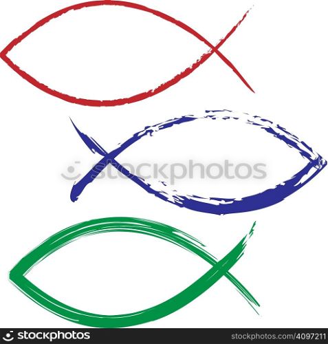 Christian fish icon in vector illustration that looks like magic marker or paint - red, blue, and green