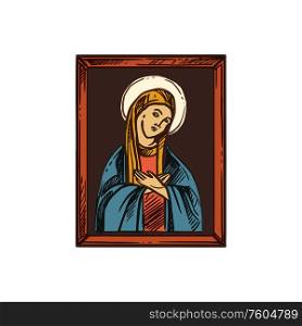 Christian icon of Saint Mary, religious symbol or church iconic picture. Vector Christianity Catholic, Orthodox or Baptism religious sign. Christian religion symbol, Saint Mary icon