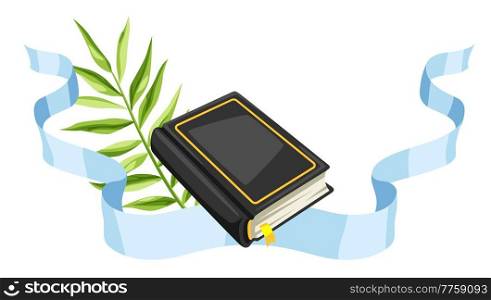 Christian illustration of holy bible and palm branch. Happy Easter image. Religious symbol of faith.. Christian illustration of holy bible and palm branch. Happy Easter image.